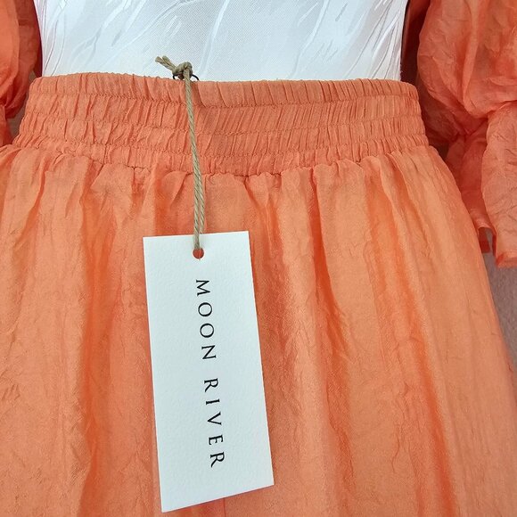 MOON RIVER Womens Sz S Puff Sleeve Tiered Back cutout Midi Dress Coral Cocktail - Picture 15 of 16